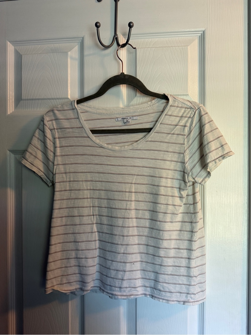 O'Neill Pale Blue and White Striped Short Sleeve Scoop Neck Tee